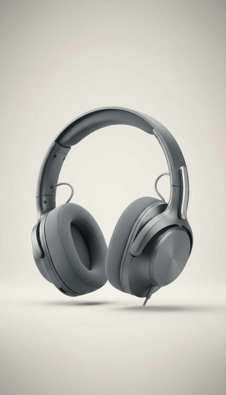 Sound Serenity's ergonomic audio headphones, perfectly centered against a soft pearl background. The headphones' sleek...