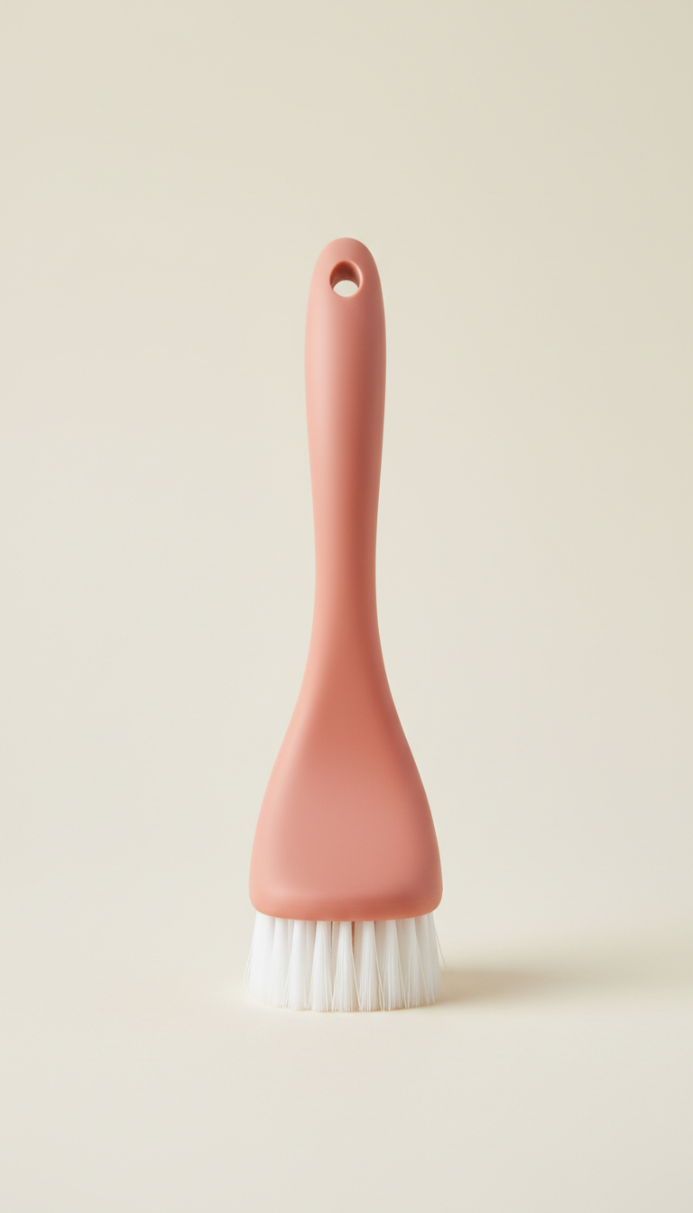 A sleek bathroom scrubbing brush is precisely centered on a light, shadowless lighting ensures the product remains the...