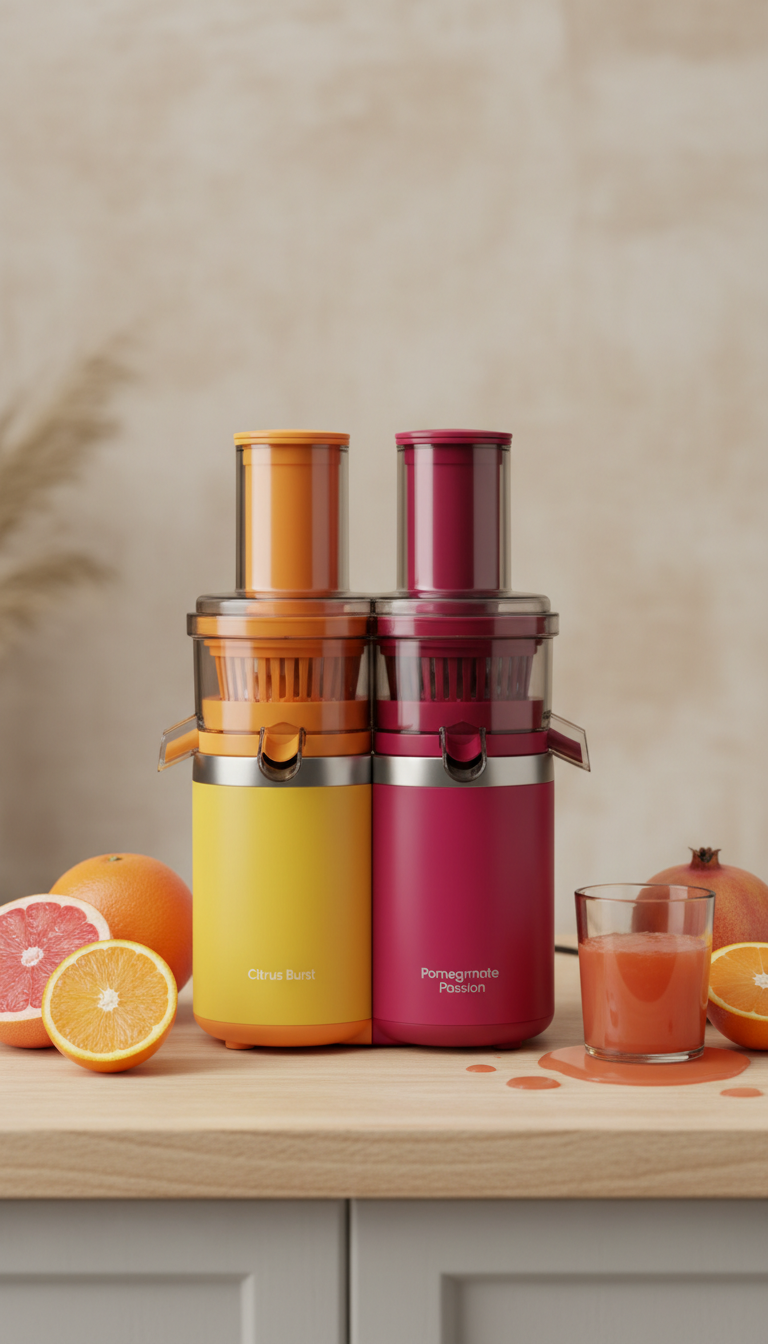 Photograph a compact juice extractor centered on a clean, light wood surface with a neutral backdrop. The product is...