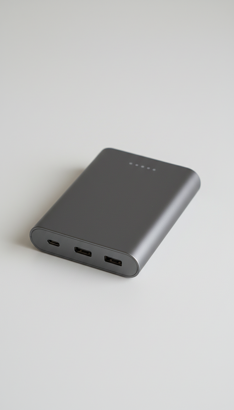 A durable and stylish power bank in 'Dim Gray', perfectly centered on a 'White Smoke' background. Photographed with a 50mm...