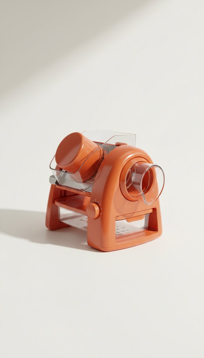 A perfectly centered ergonomic kitchen slicer displayed at a 3/4 angle, sharply in focus. The slicer is highlighted...