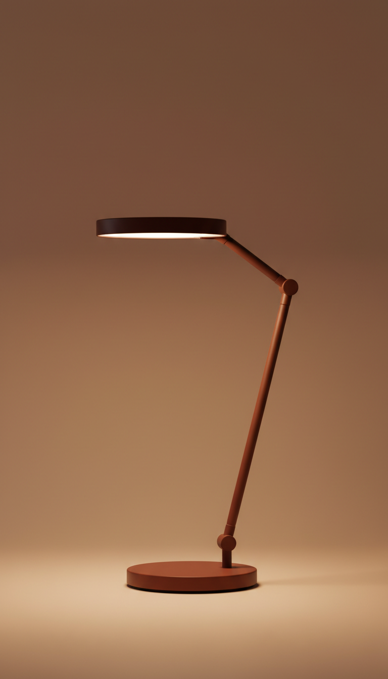 Centered in the frame, a minimalist desk lamp is shot straight-on, showcasing its elegant design and bold Burnt Sienna...