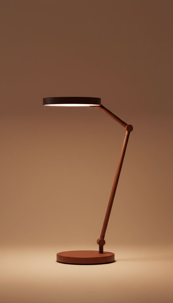 Centered in the frame, a minimalist desk lamp is shot straight-on, showcasing its elegant design and bold Burnt Sienna...