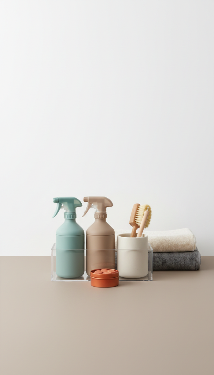 Home cleaning organizer kit, Default to 3/4 angle for key products—bottles, sprays, organizers—placed on textured surfaces...