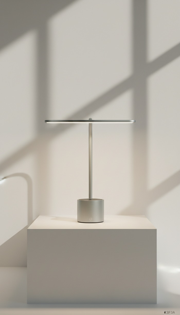 Designer desk lamp with integrated wireless charging base, Default angle is a precise 3/4 view (slightly above eye-level),...