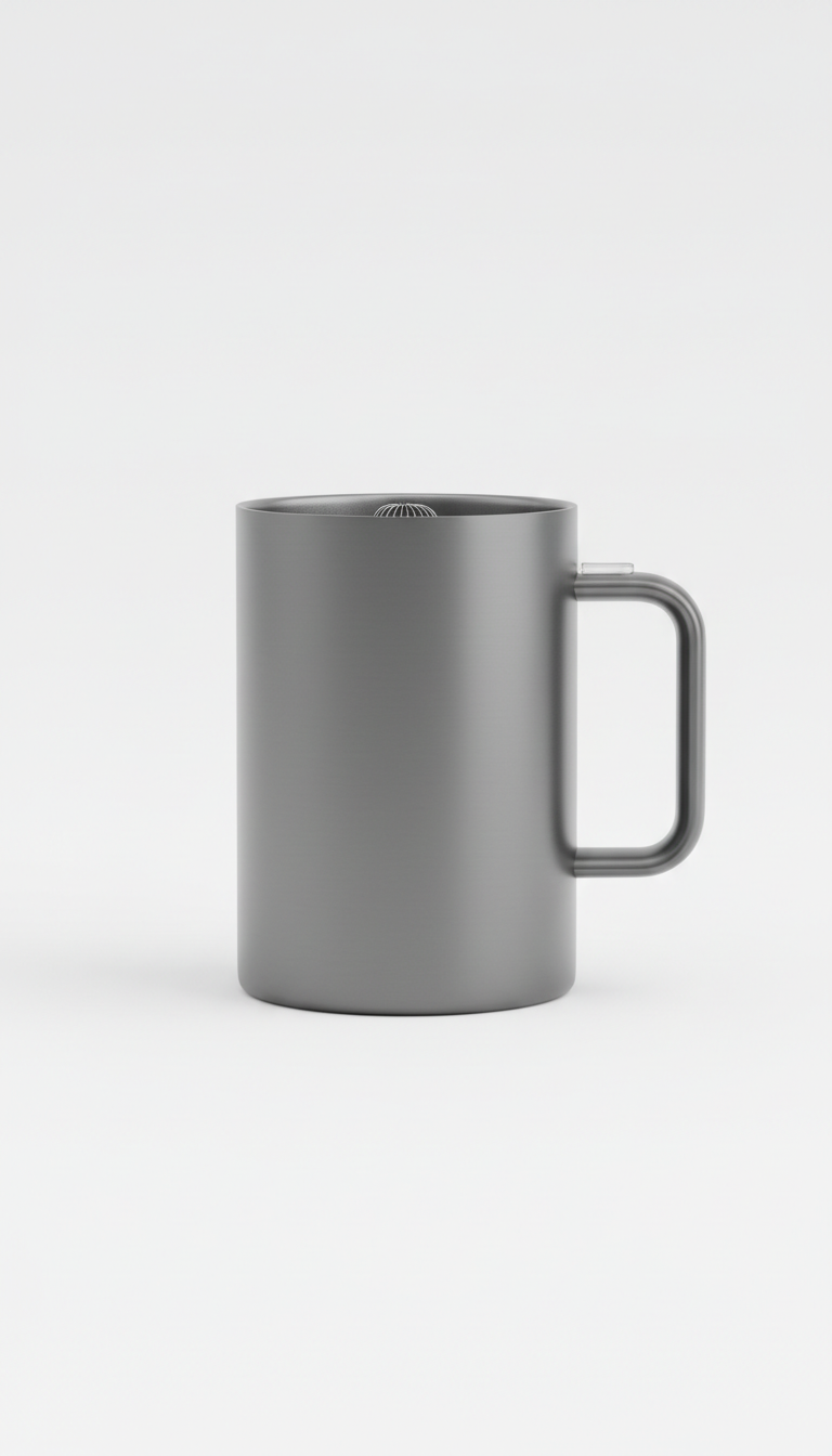Centered image of a 'Graphite Gray' self-stirring mug on a 'Cool White' background. The mug is perfectly centered both...