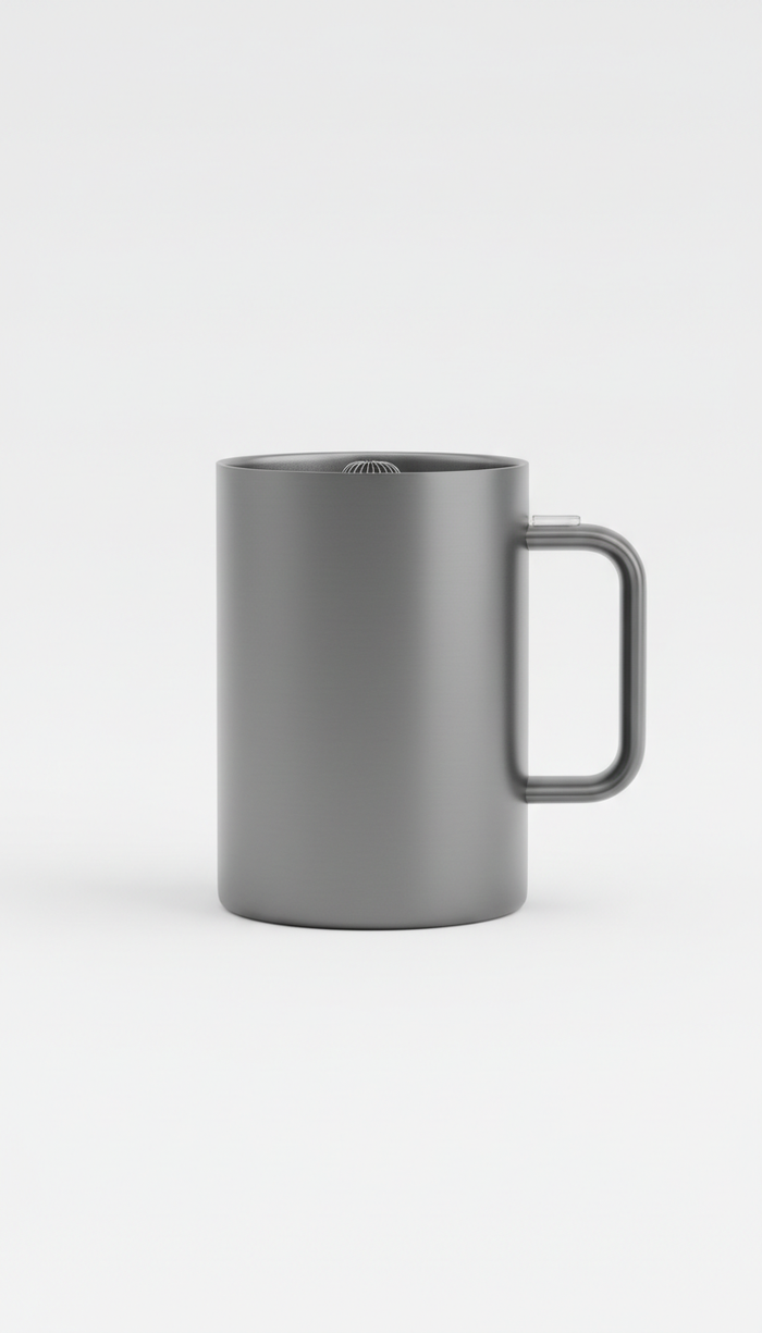 Centered image of a 'Graphite Gray' self-stirring mug on a 'Cool White' background. The mug is perfectly centered both...