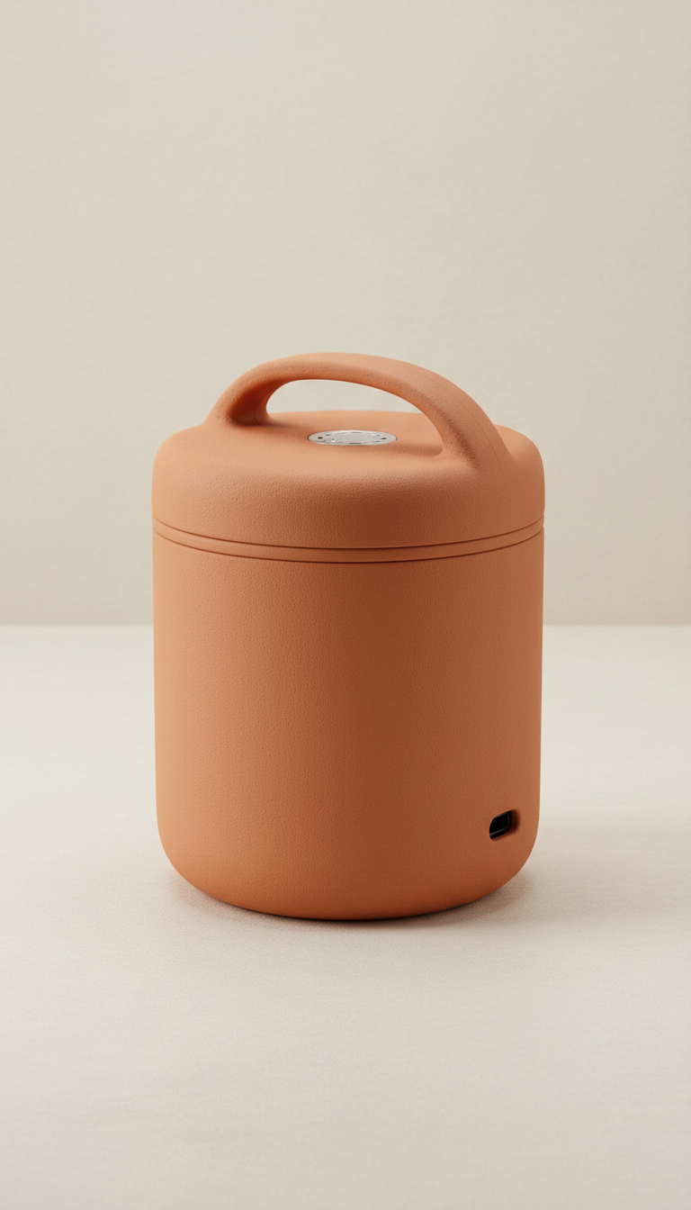 A portable electric lunch box in clay terracotta, highlighting its compact and sleek design. Soft, even illumination...