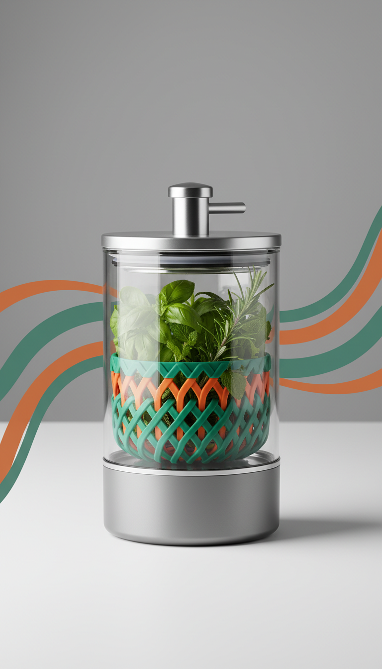 A fresh herb container centered in the frame, with food-safe materials and sleek design. Soft, even illumination with a...