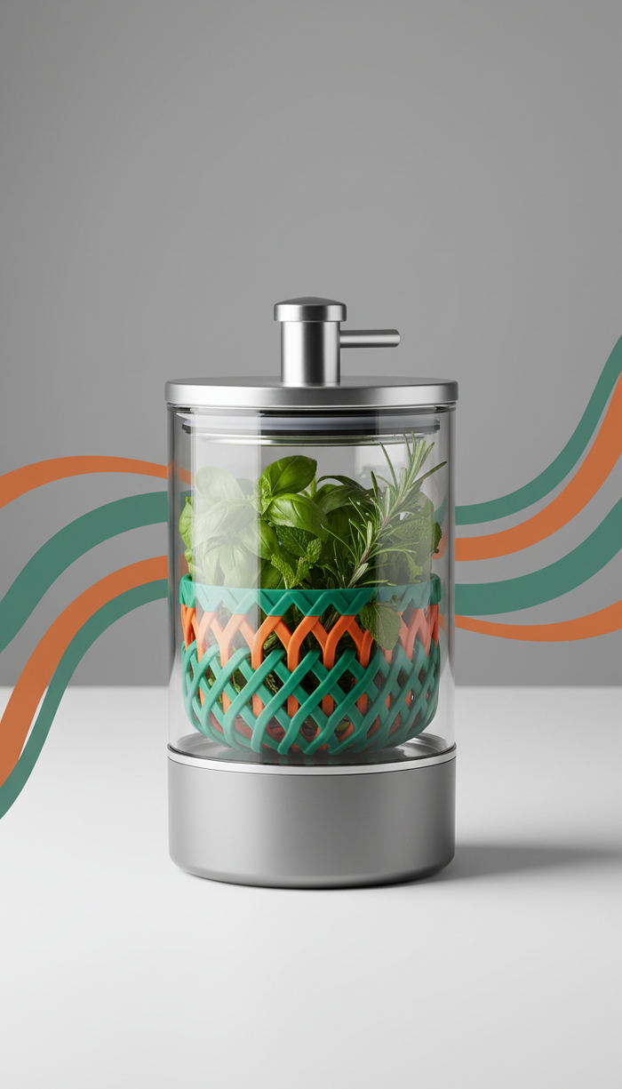 A fresh herb container centered in the frame, with food-safe materials and sleek design. Soft, even illumination with a...