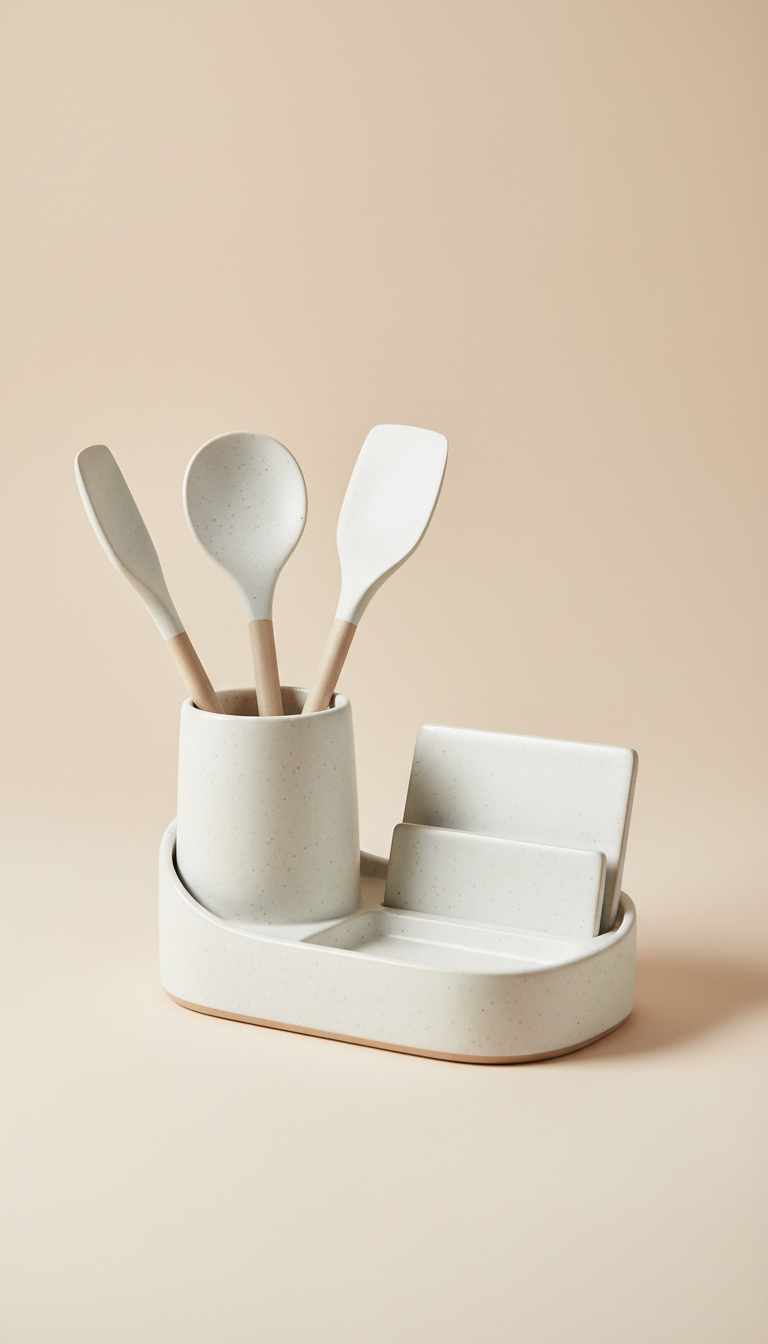 A centered image of a ceramic kitchen organizer from Urban Oasis, set against a light beige background. The product's...
