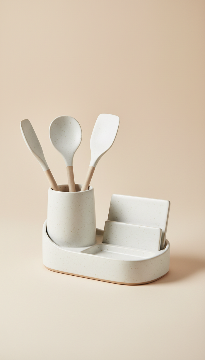 A centered image of a ceramic kitchen organizer from Urban Oasis, set against a light beige background. The product's...