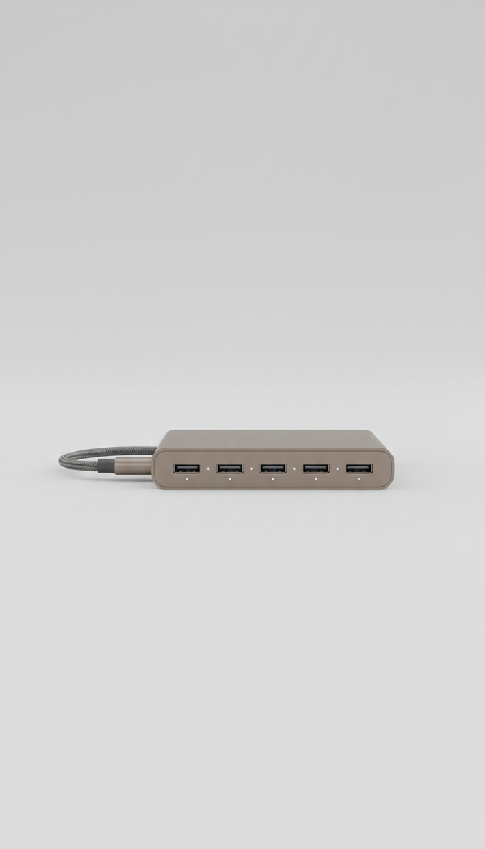 Minimalist USB-C hub, Default angle is a clean three-quarter view at tabletop height — showcases product form and...