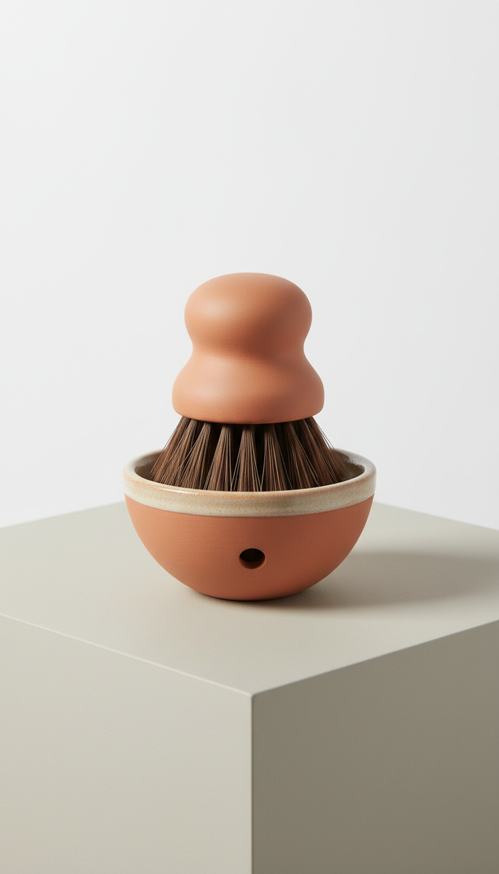 Modern terracotta utility brush with base, Three-quarter angle with slight overhead perspective that highlights form and...