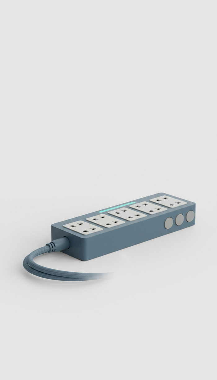 Smart Power Strip, use a 3/4 angle to show the product's design and functionality clearly. Backgrounds should be simple...