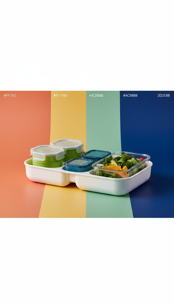 Fresh Mint Meal Prep Tray, 3/4 angle as default for product shots — shows off modularity and curved edges best. Products...