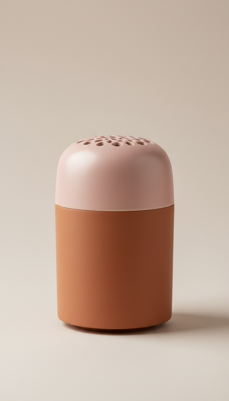 A sleek ceramic diffuser, engineered for a holistic sleep environment, and a subtle shadow beneath for grounding....