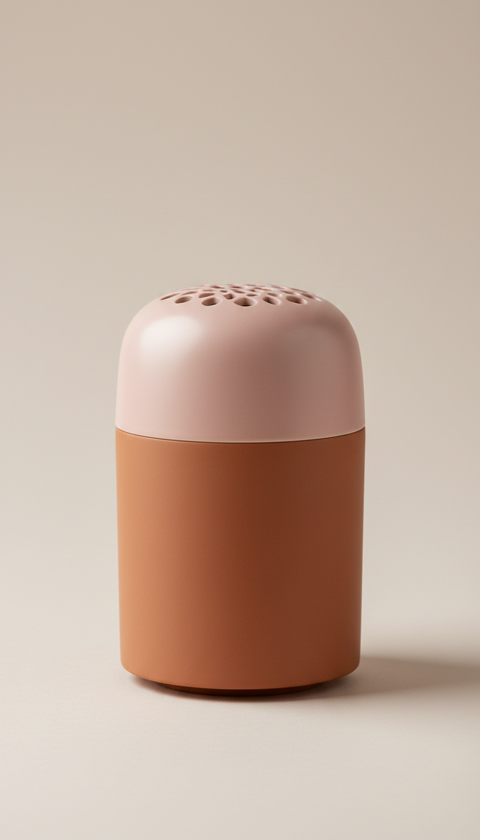 A sleek ceramic diffuser, engineered for a holistic sleep environment, and a subtle shadow beneath for grounding....