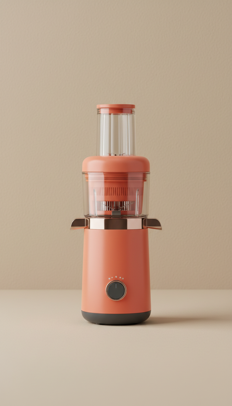 A portable juicer in 'Urban Sunrise' color, centered on a simple, neutral backdrop. The juicer's compact and lightweight...