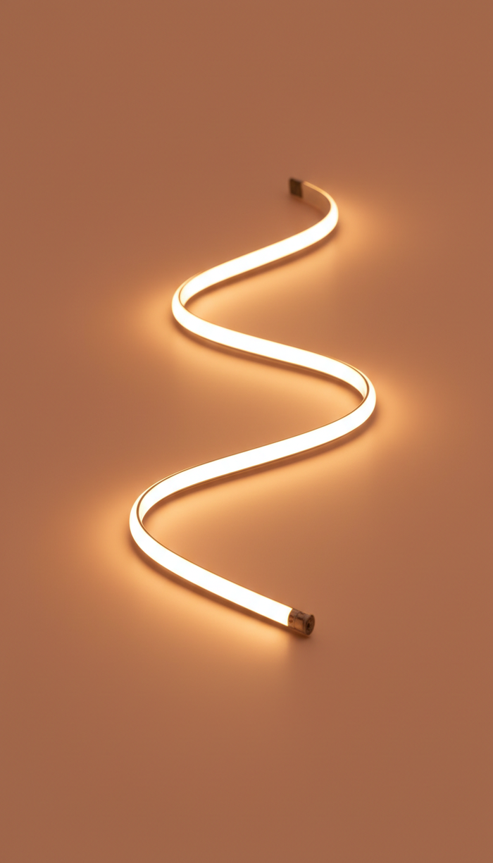 Display a flexible LED strip light on a 'Sunset Peach' background. The strip is centered and illuminated softly, with a...