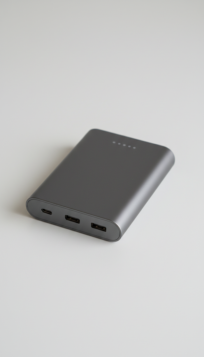 A durable and stylish power bank in 'Dim Gray', perfectly centered on a 'White Smoke' background. Photographed with a 50mm...
